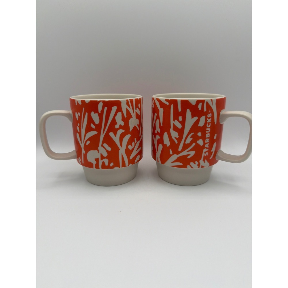 Starbucks Spring 2016 Orange White Floral Stackable Mugs 12 oz Set of 2 Retired